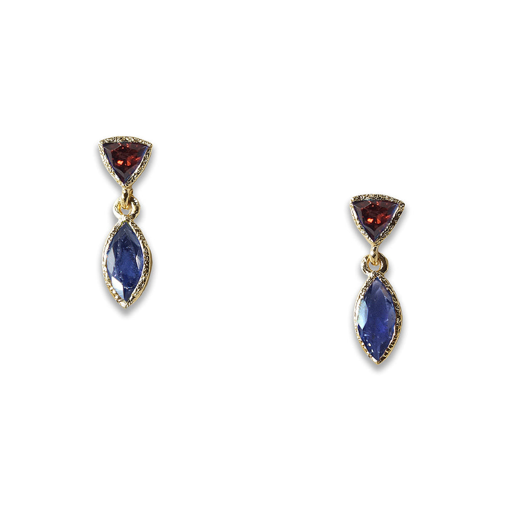 Earrings – 18k Vermeil Tiny Petal Iolite and Garnet