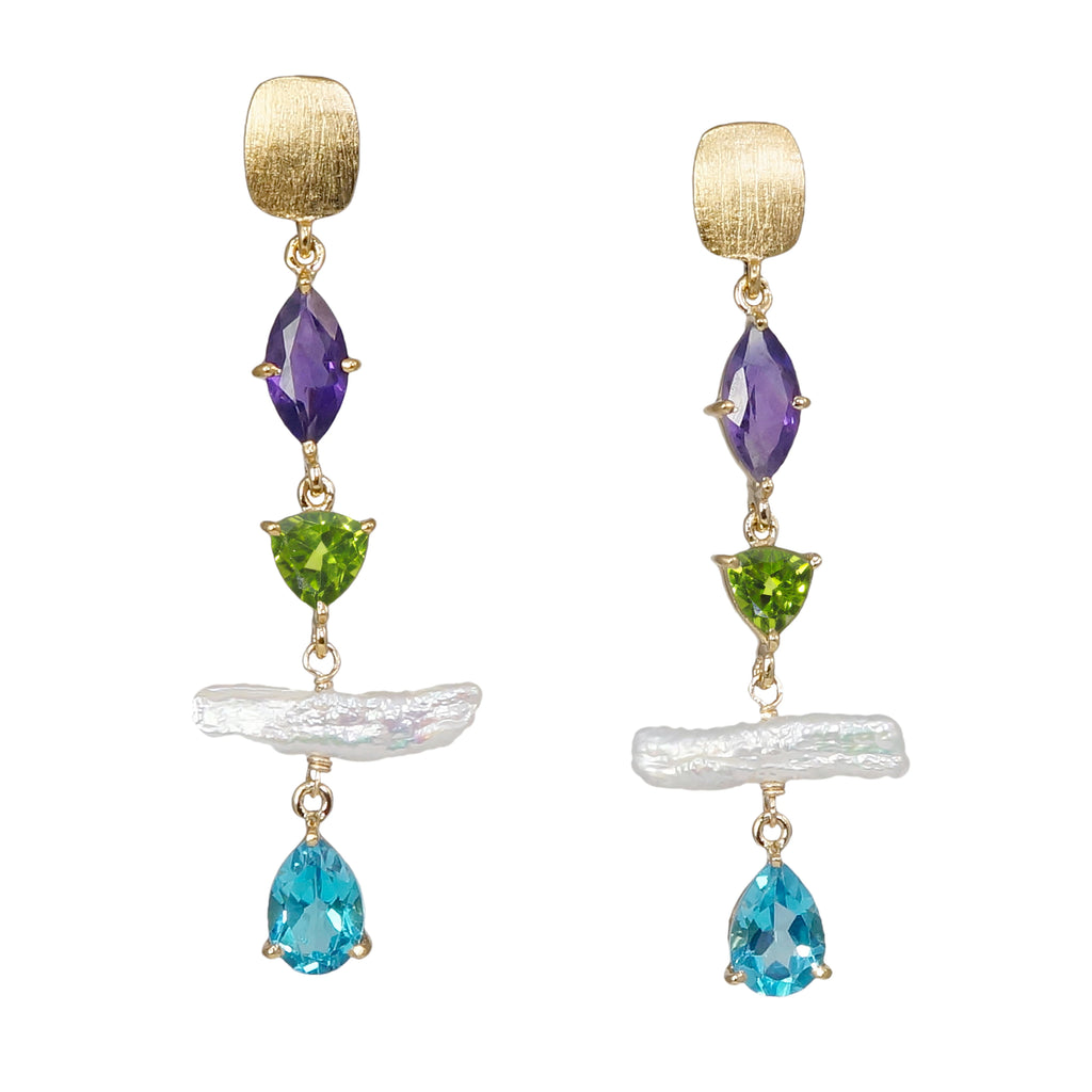 Amethyst, Peridot, Blue Topaz and Pearl Earrings